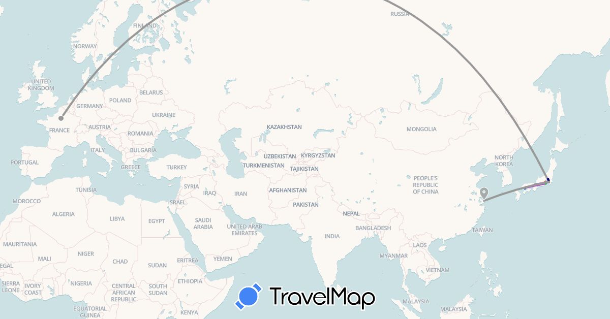 TravelMap itinerary: driving, bus, plane, cycling, train, hiking, hitchhiking in China, France, Japan (Asia, Europe)